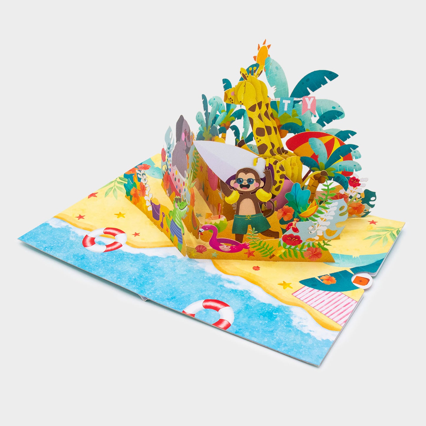 Strand Party mit Tieren - Pop-Up Karte