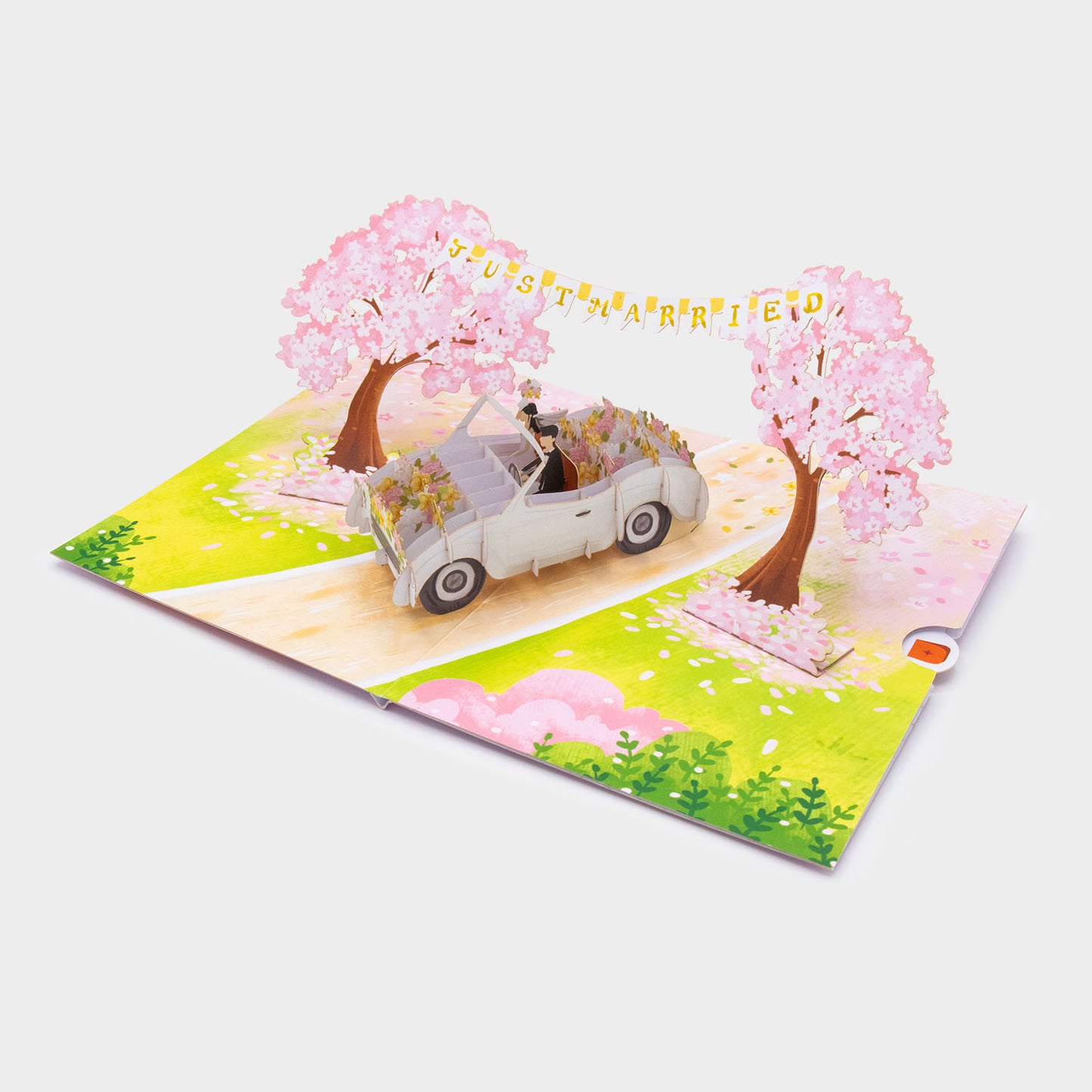 Hochzeitsauto mit "Just Married" Girlande - Pop-Up Karte