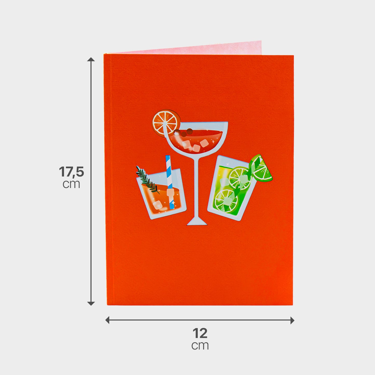 Oranger Briefumschlag zur 3D Pop-Up Karte mit Maßangabe, passend zum Cocktail-Motiv.