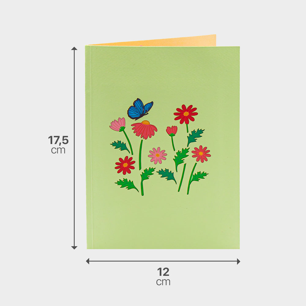 Grüner Briefumschlag zur 3D Pop-Up Karte mit Maßangabe, passend zum Blumen- und Schmetterlingsmotiv.