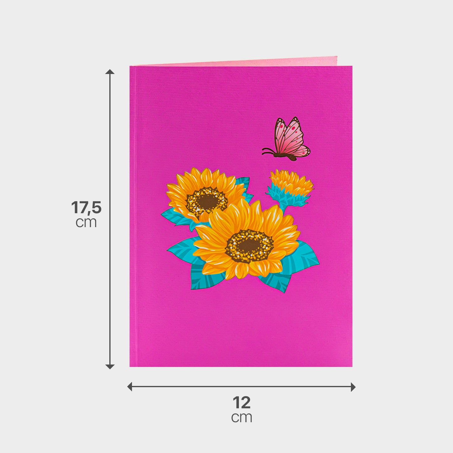 Pinker Briefumschlag zur 3D Pop-Up Karte mit Maßangabe, passend zum Sonnenblumen- und Schmetterlingsmotiv.