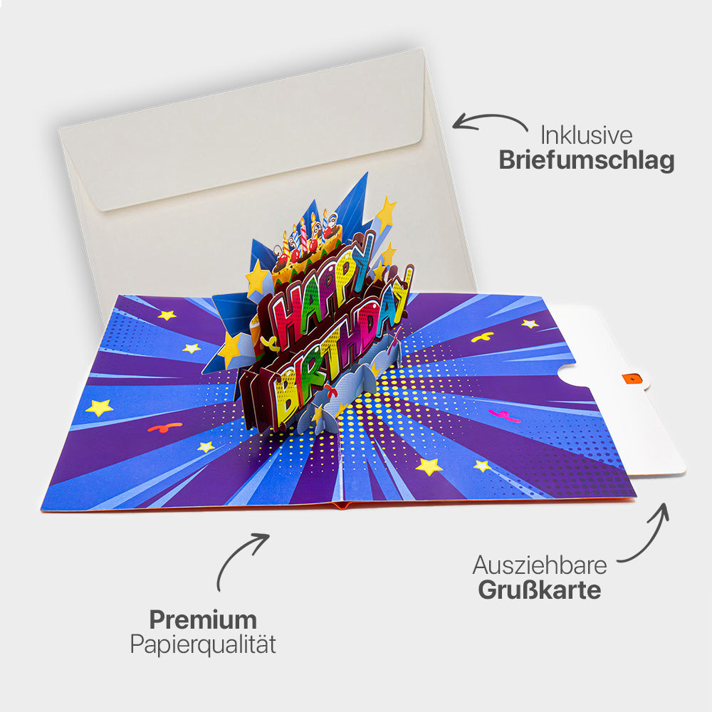 Hochwertiges Highlight-Bild der 3D Pop-Up Geburtstagskarte mit Happy-Birthday-Motiv, inklusive passendem Briefumschlag, Premium-Papier und ausziehbarem Einlegeblatt.