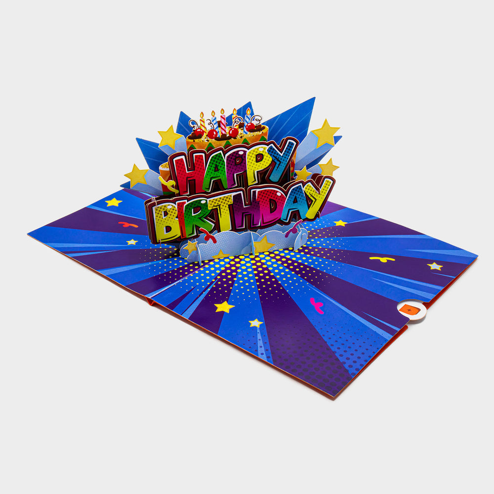 3D Pop-Up Karte mit Happy-Birthday-Schriftzug und Torte ohne Briefumschlag, liebevoll gestaltet und detailreich verarbeitet.