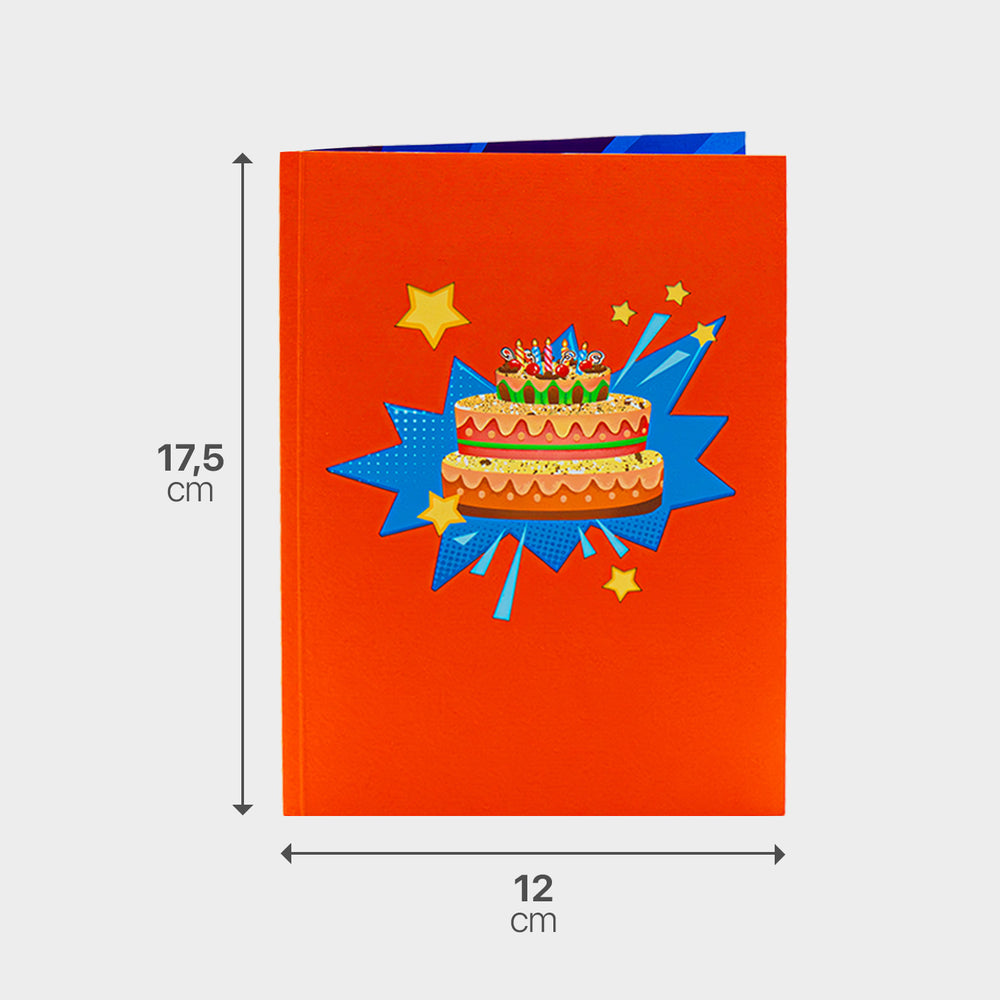 Oranger Briefumschlag zur 3D Pop-Up Karte mit Maßangabe, passend zum Geburtstagsmotiv.