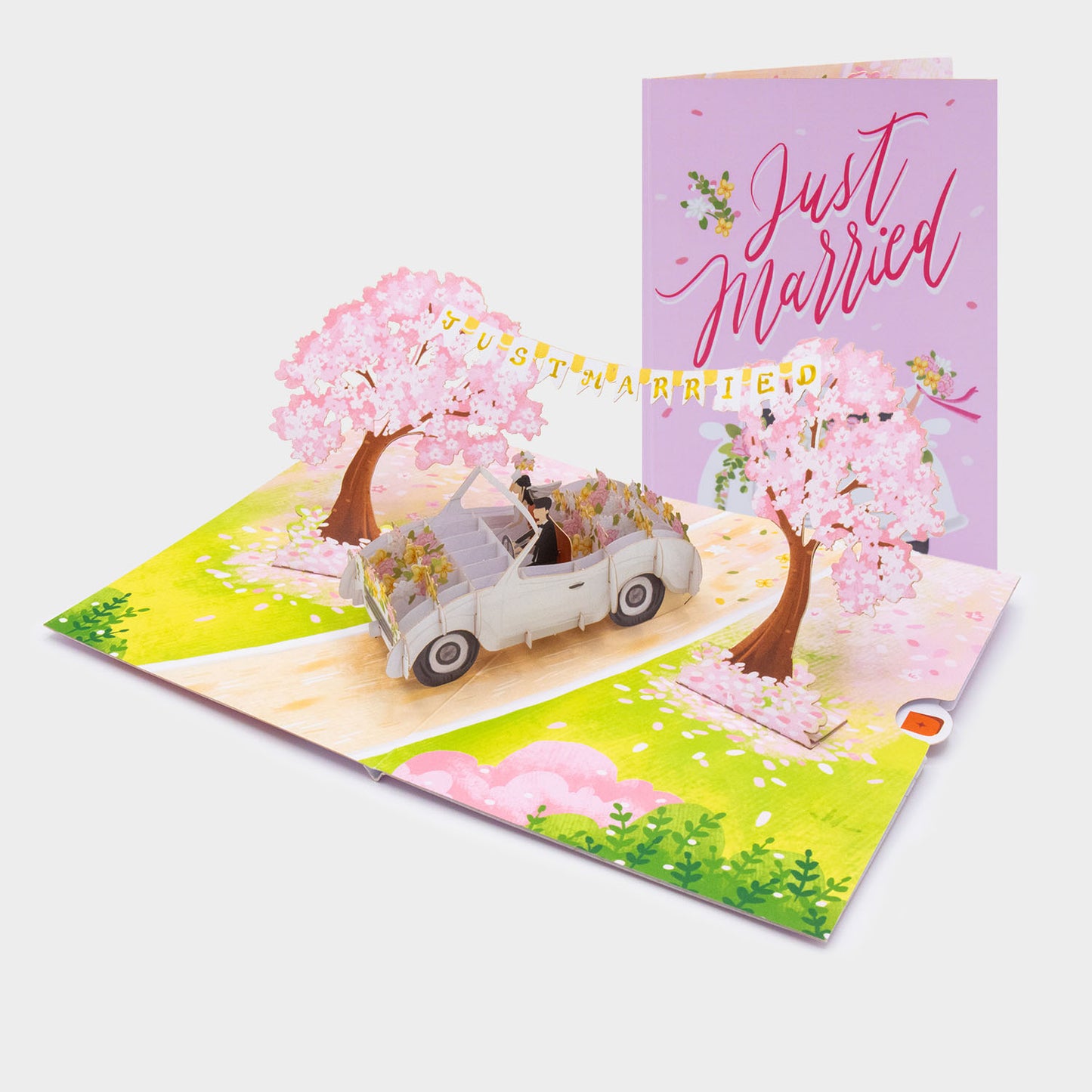 Hochzeitsauto mit "Just Married" Girlande - Pop-Up Karte