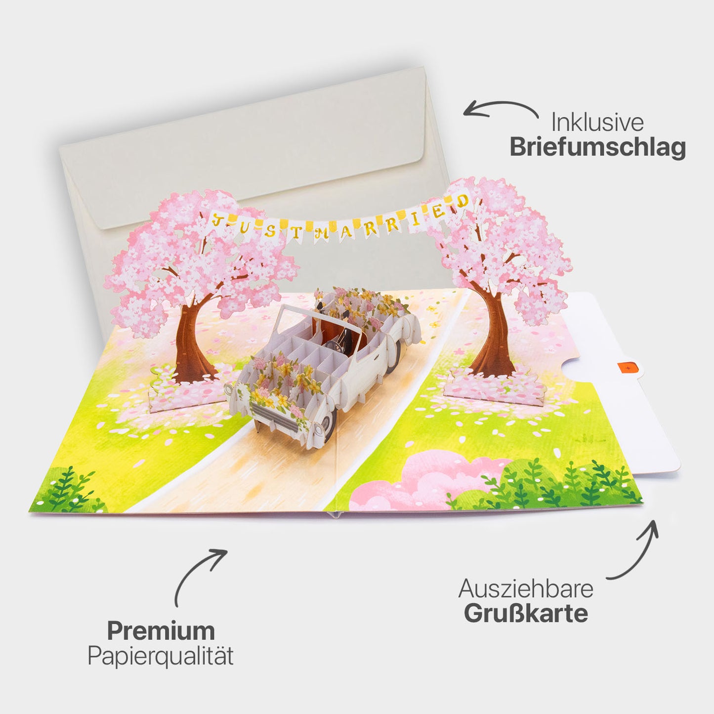 Hochzeitsauto mit "Just Married" Girlande - Pop-Up Karte
