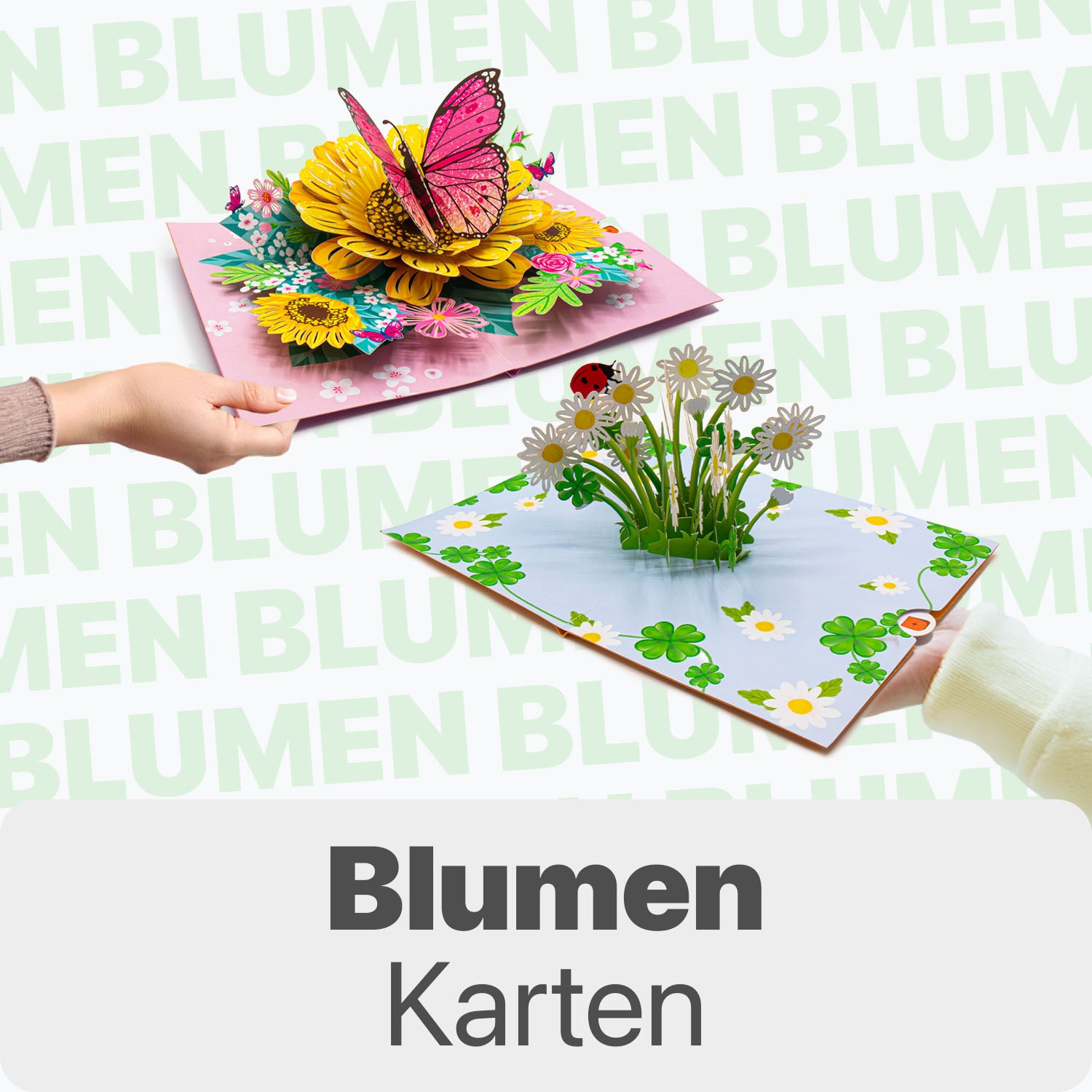 Zwei Hände halten 3D Pop-Up Karten mit bunten Blumenmotiven, einer mit Schmetterling und einer mit Gänseblümchen und Marienkäfer, vor hellem Hintergrund mit dem Wort „Blumen“ und dem Text „Blumen Karten“ unten.