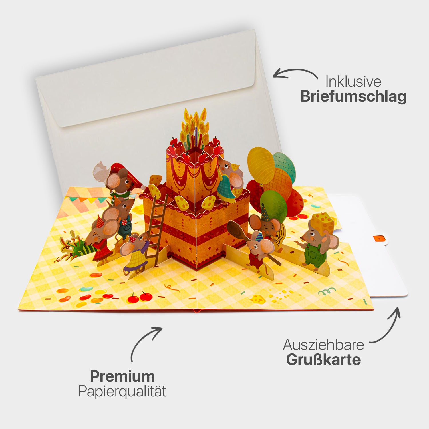 Hochwertiges Highlight-Bild der 3D Pop-Up Geburtstagskarte mit Torte, Mäusen und Ballons, inklusive passendem Briefumschlag, Premium-Papier und ausziehbarem Einlegeblatt.