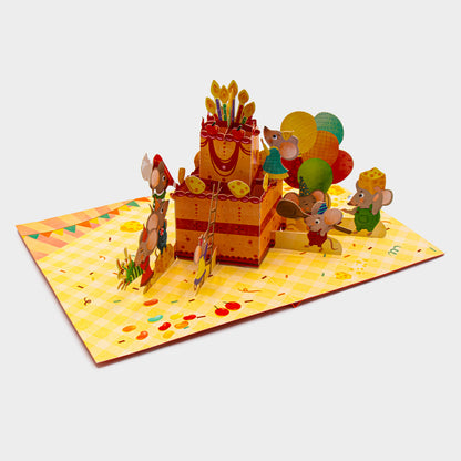 3D Pop-Up Karte mit Geburtstagstorte, Mäusen und Ballons ohne Briefumschlag, liebevoll gestaltet und detailreich verarbeitet.