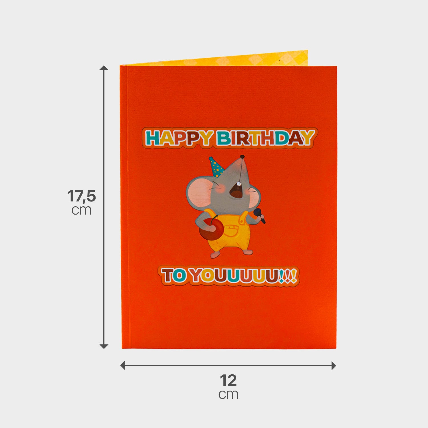 Oranger Briefumschlag zur 3D Pop-Up Karte mit Maßangabe, passend zum Geburtstagsmotiv mit Mäusen und Torte.