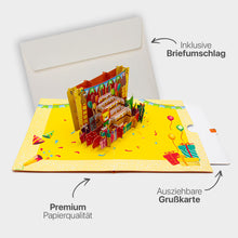 Hochwertiges Highlight-Bild der 3D Pop-Up Geburtstagskarte mit Torte, Geschenken und Tieren, inklusive passendem Briefumschlag, Premium-Papier und ausziehbarem Einlegeblatt.