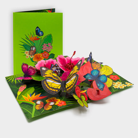 Aufgeklappte 3D Pop-Up Karte mit tropischen Blumen und bunten Schmetterlingen, daneben die zugeklappte Karte mit Blumen- und Schmetterlingsmotiv auf grünem Cover.