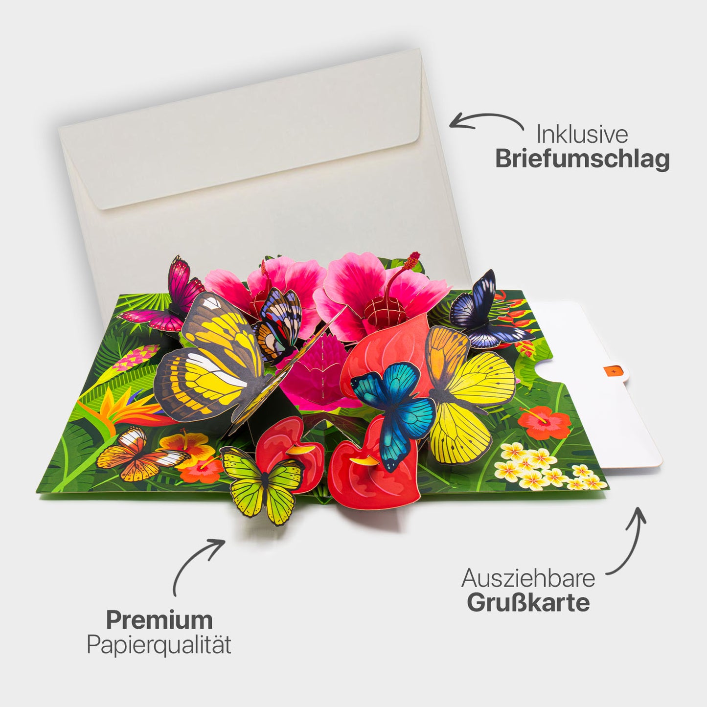 Hochwertiges Highlight-Bild der 3D Pop-Up Karte mit tropischen Blumen und Schmetterlingen, inklusive passendem Briefumschlag, Premium-Papier und ausziehbarem Einlegeblatt.