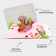 Hochwertiges Highlight-Bild der 3D Pop-Up Karte mit Cocktail-Motiv, inklusive passendem Briefumschlag, Premium-Papier und ausziehbarem Einlegeblatt.