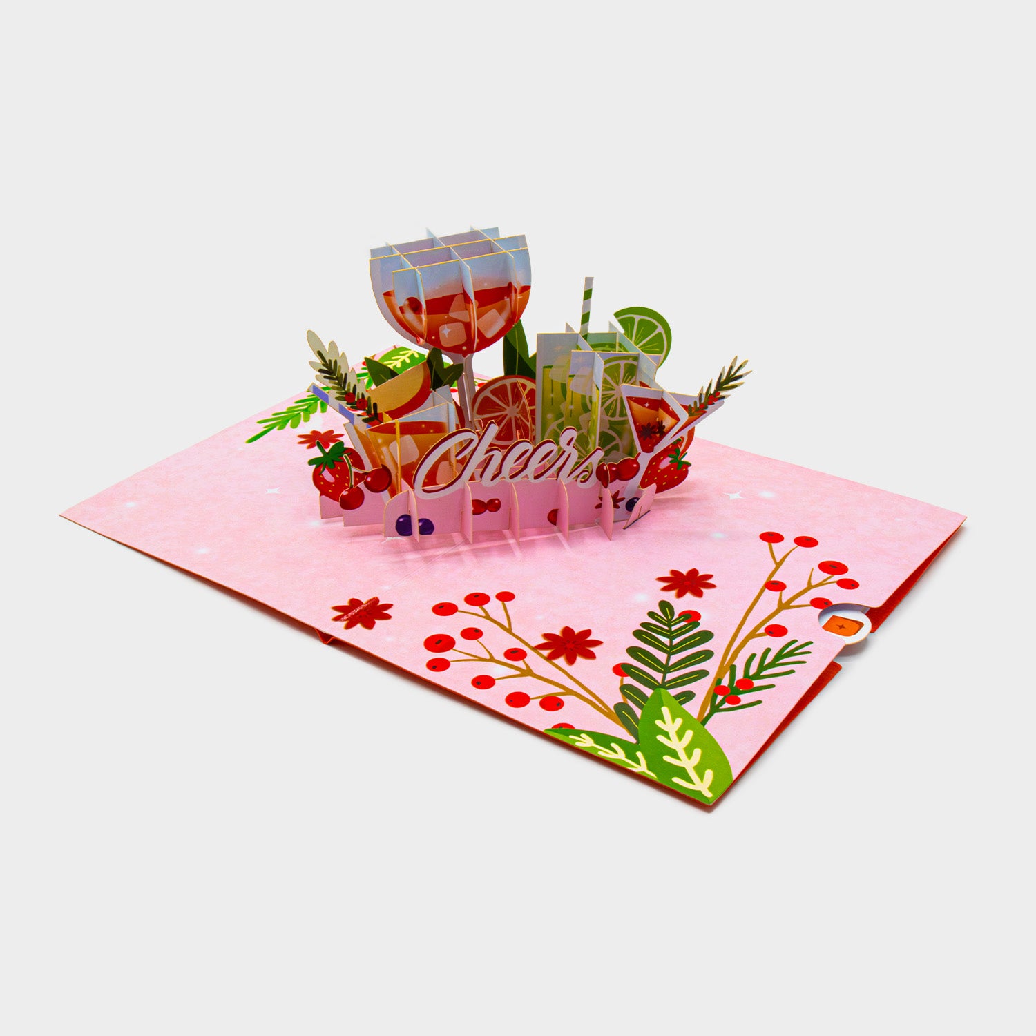 3D Pop-Up Karte mit Cocktailgläsern und Früchten ohne Briefumschlag, liebevoll gestaltet und detailreich verarbeitet.