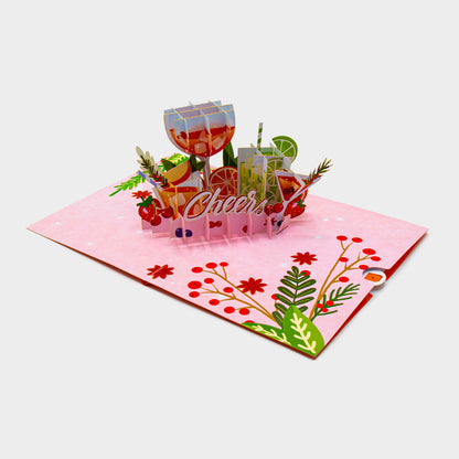 3D Pop-Up Karte mit Cocktailgläsern und Früchten ohne Briefumschlag, liebevoll gestaltet und detailreich verarbeitet.