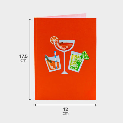Oranger Briefumschlag zur 3D Pop-Up Karte mit Maßangabe, passend zum Cocktail-Motiv.