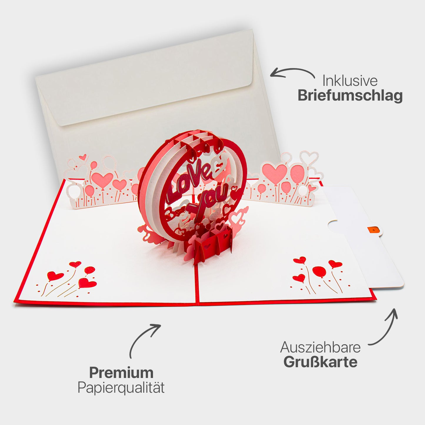 Hochwertiges Highlight-Bild der 3D Pop-Up Karte mit „Love You“-Motiv, inklusive passendem Briefumschlag, Premium-Papier und ausziehbarem Einlegeblatt.