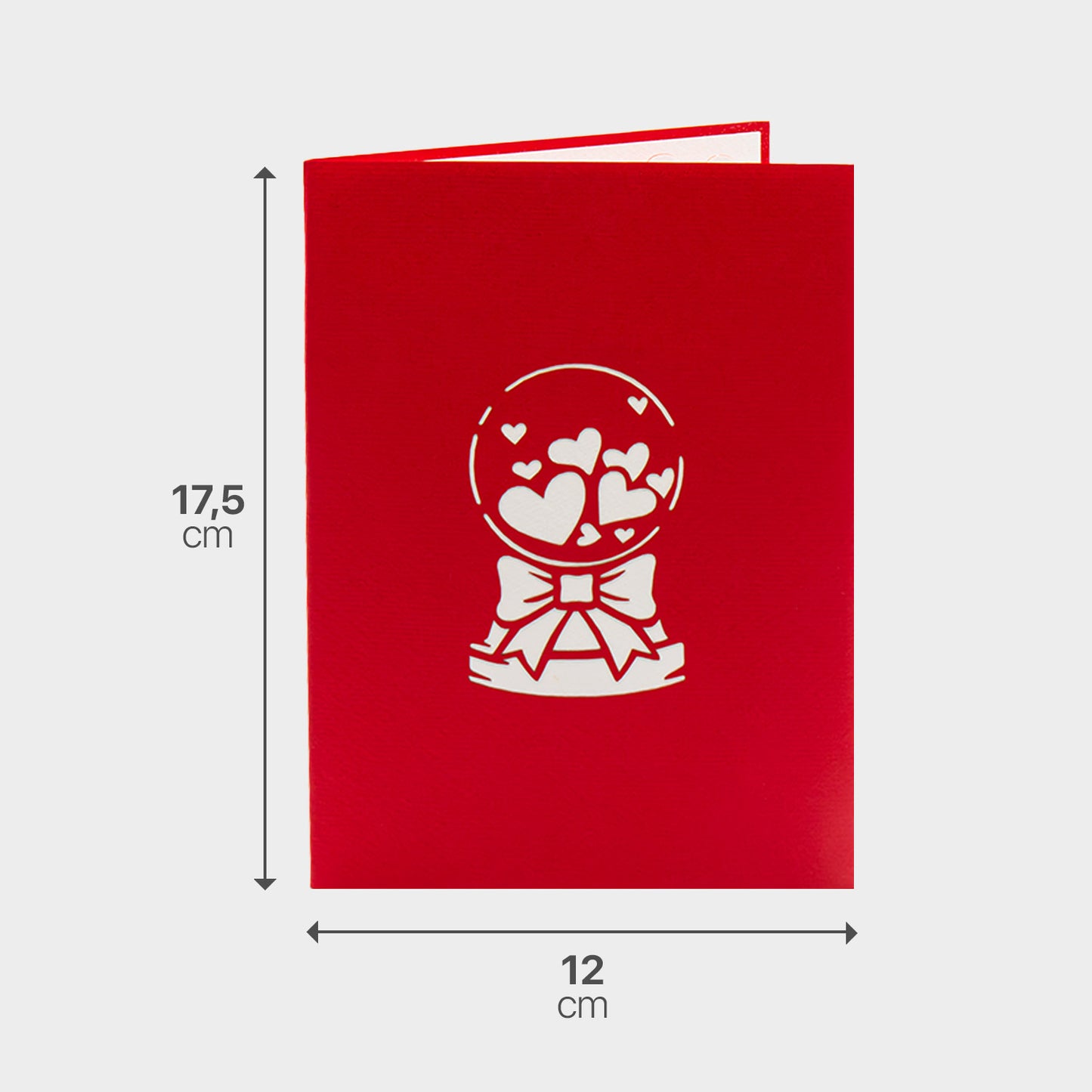 Roter Briefumschlag zur 3D Pop-Up Karte mit Maßangabe, passend zum „Love You“-Motiv.