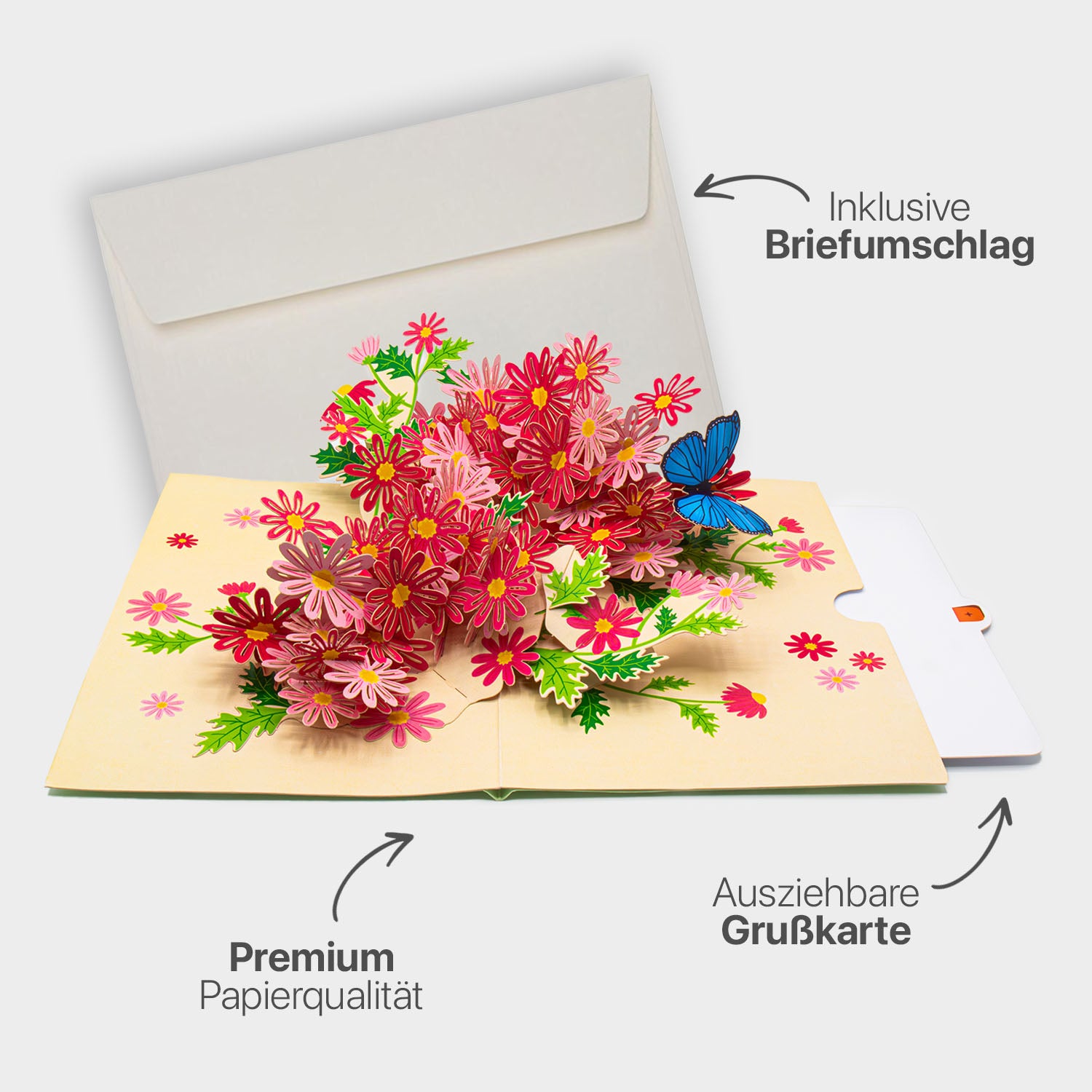 Hochwertiges Highlight-Bild der 3D Pop-Up Karte mit Blumenstrauß und Schmetterling, inklusive passendem Briefumschlag, Premium-Papier und ausziehbarem Einlegeblatt.