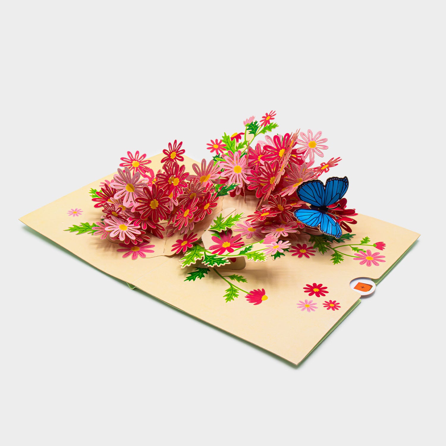 3D Pop-Up Karte mit pinken Blumen und blauem Schmetterling ohne Briefumschlag, liebevoll gestaltet und detailreich verarbeitet.