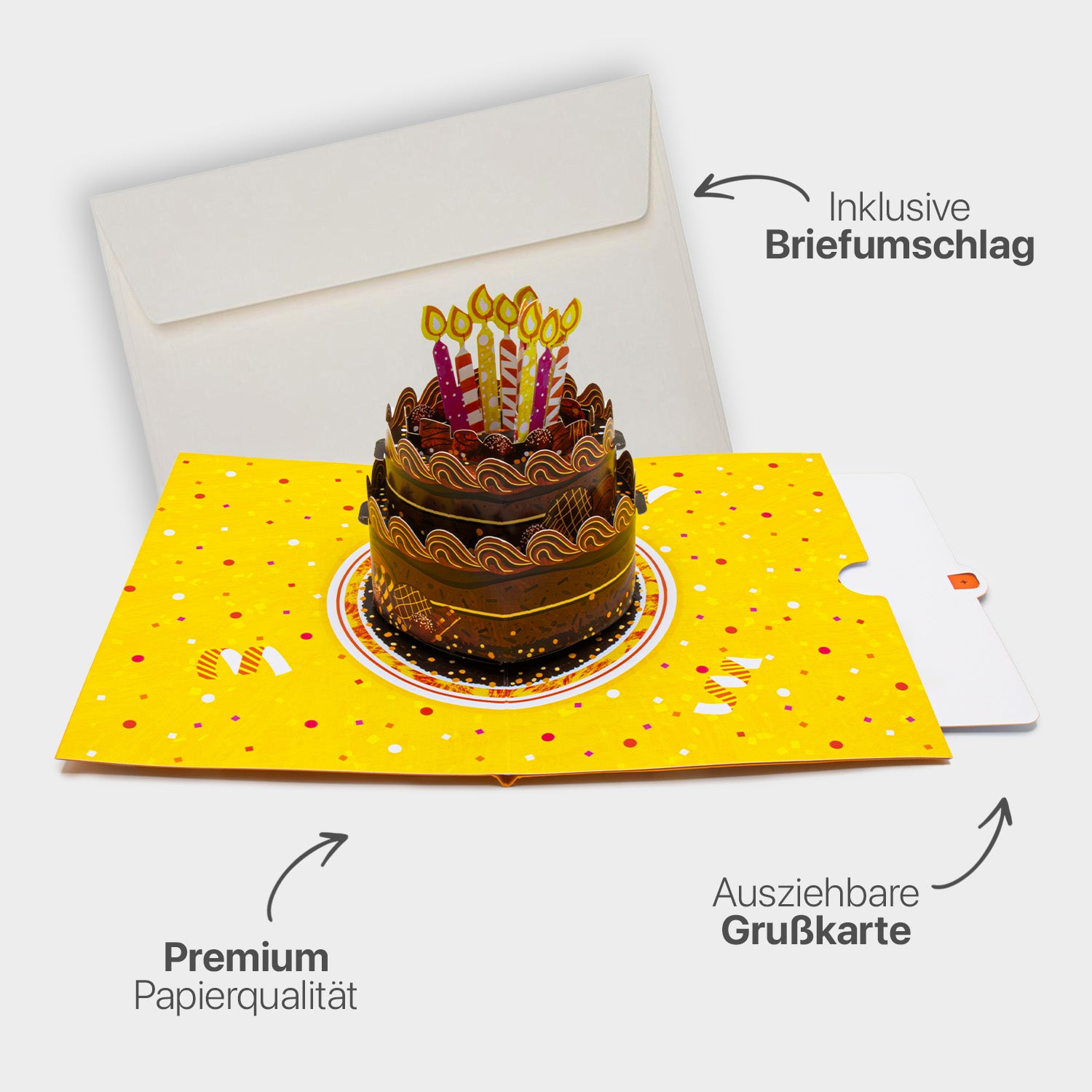 Hochwertiges Highlight-Bild der 3D Pop-Up Karte mit Schokoladentorten-Motiv, inklusive passendem Briefumschlag, Premium-Papier und ausziehbarem Einlegeblatt.