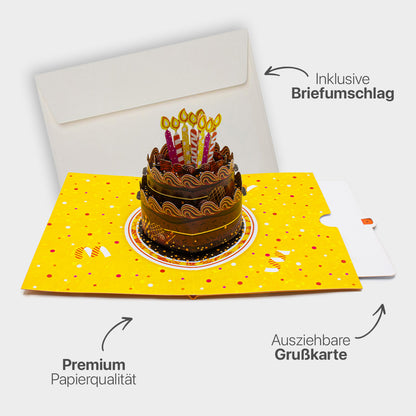 Hochwertiges Highlight-Bild der 3D Pop-Up Karte mit Schokoladentorten-Motiv, inklusive passendem Briefumschlag, Premium-Papier und ausziehbarem Einlegeblatt.