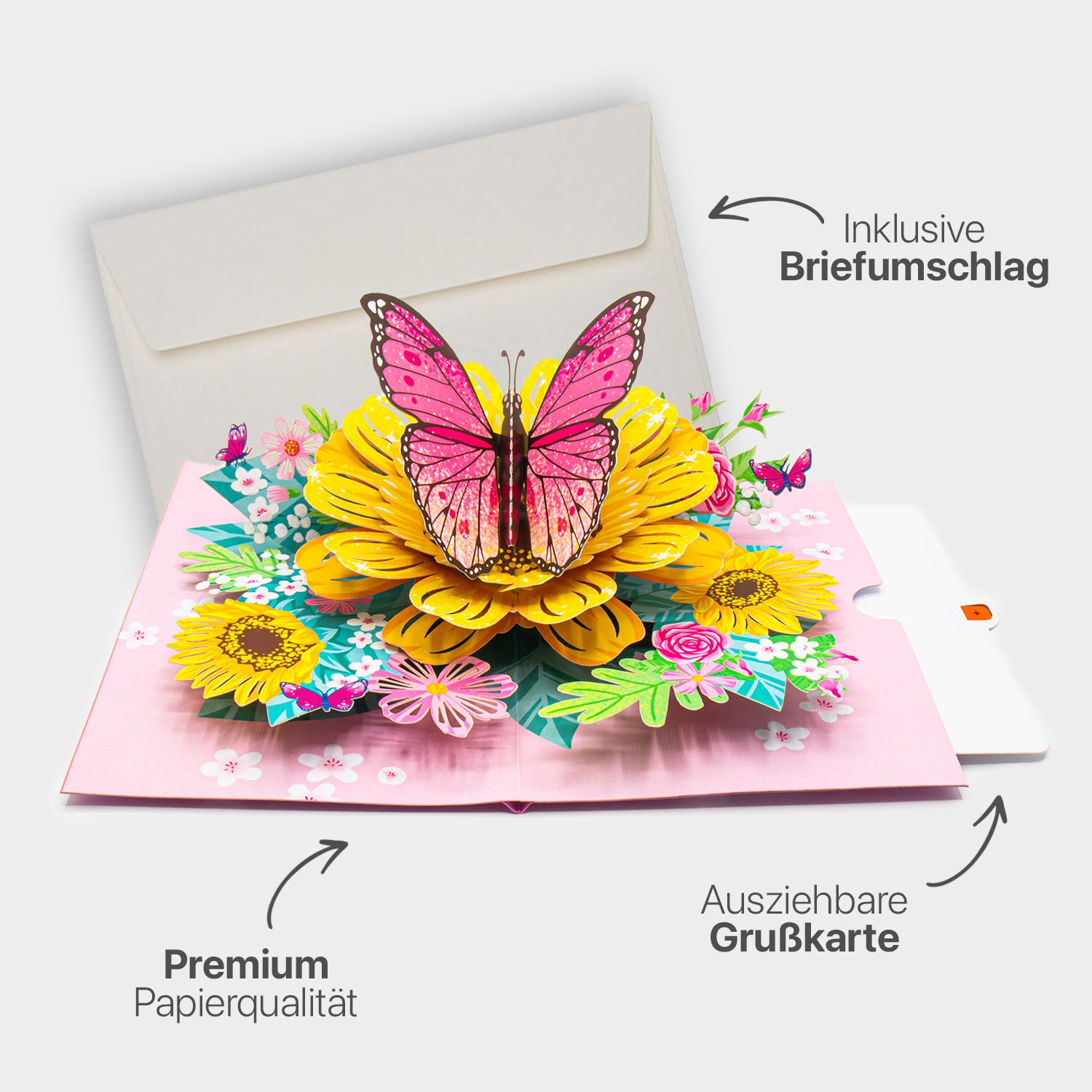 Hochwertiges Highlight-Bild der 3D Pop-Up Karte mit Sonnenblumen und Schmetterling, inklusive passendem Briefumschlag, Premium-Papier und ausziehbarem Einlegeblatt.