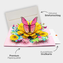 Hochwertiges Highlight-Bild der 3D Pop-Up Karte mit Sonnenblumen und Schmetterling, inklusive passendem Briefumschlag, Premium-Papier und ausziehbarem Einlegeblatt.