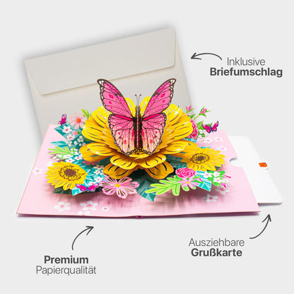 Hochwertiges Highlight-Bild der 3D Pop-Up Karte mit Sonnenblumen und Schmetterling, inklusive passendem Briefumschlag, Premium-Papier und ausziehbarem Einlegeblatt.