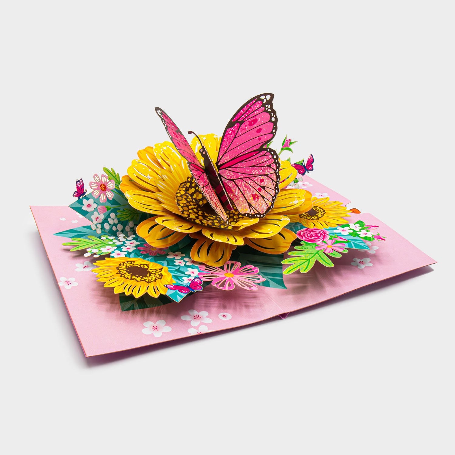 3D Pop-Up Karte mit Sonnenblumen und Schmetterling ohne Briefumschlag, liebevoll gestaltet und detailreich verarbeitet.