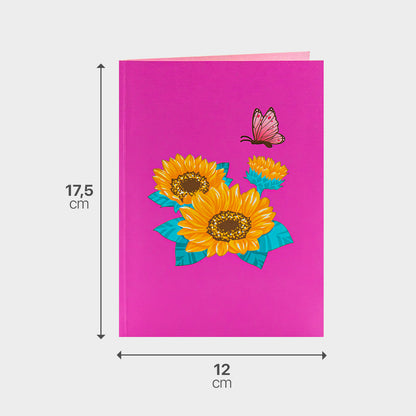 Pinker Briefumschlag zur 3D Pop-Up Karte mit Maßangabe, passend zum Sonnenblumen- und Schmetterlingsmotiv.