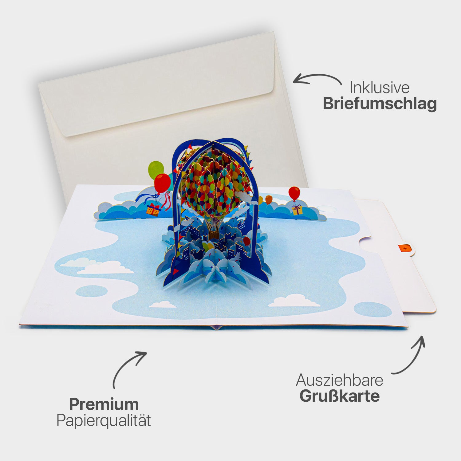 Hochwertiges Highlight-Bild der 3D Pop-Up Karte mit Heißluftballon-Motiv, inklusive passendem Briefumschlag, Premium-Papier und ausziehbarem Einlegeblatt.