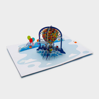 3D Pop-Up Karte mit Heißluftballon aus bunten Luftballons ohne Briefumschlag, liebevoll gestaltet und detailreich verarbeitet.