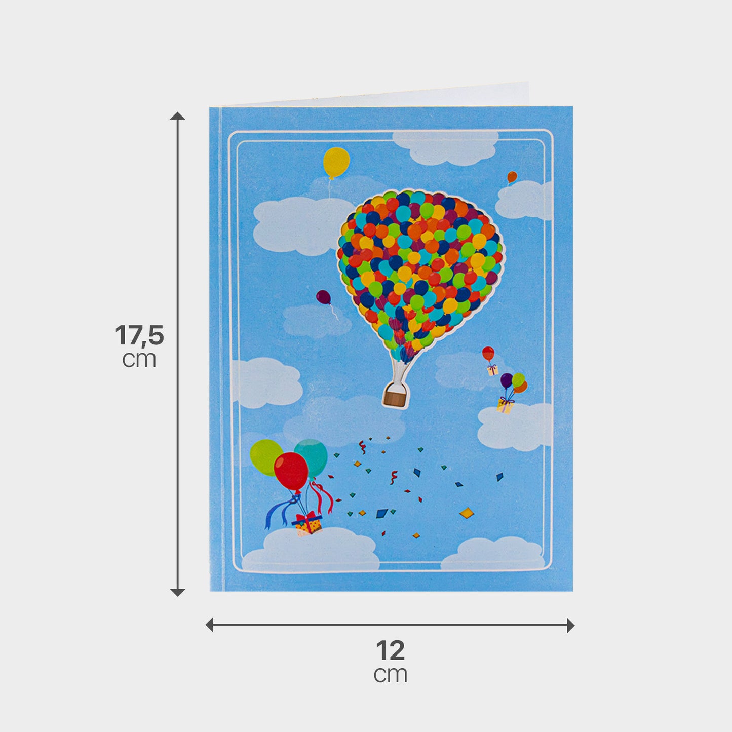 Blauer Briefumschlag zur 3D Pop-Up Karte mit Maßangabe, passend zum Ballon-Motiv.