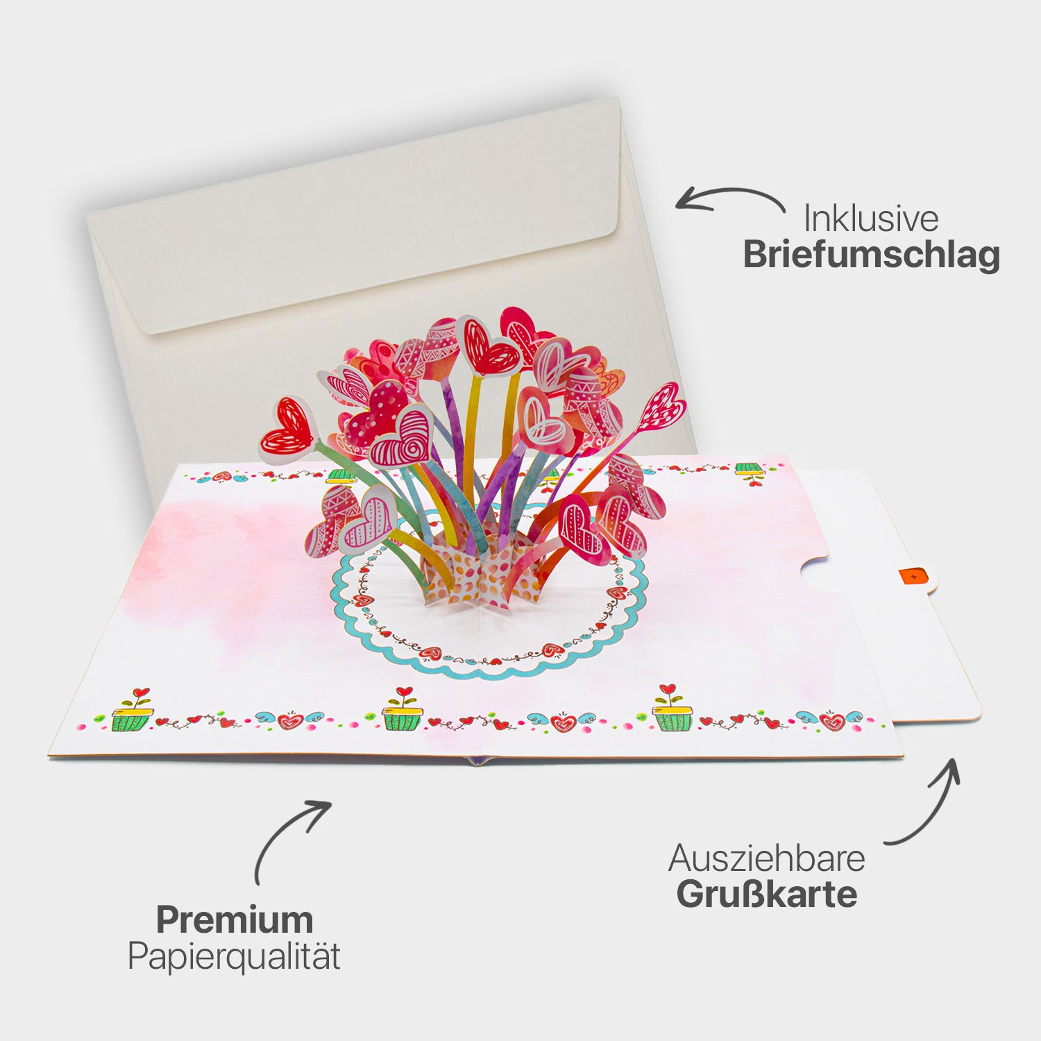 Hochwertiges Highlight-Bild der 3D Pop-Up Karte mit Herzblumen-Motiv, inklusive passendem Briefumschlag, Premium-Papier und ausziehbarem Einlegeblatt.