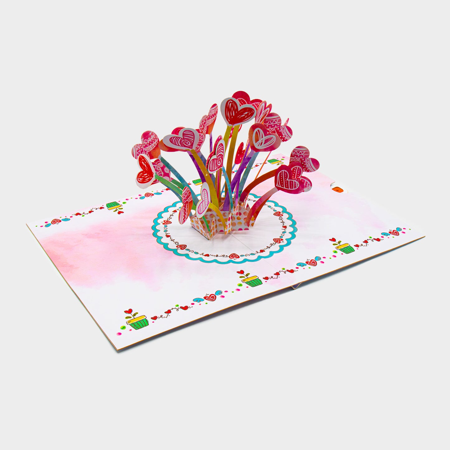 3D Pop-Up Karte mit Herzblumenstrauß ohne Briefumschlag, liebevoll gestaltet und detailreich verarbeitet.