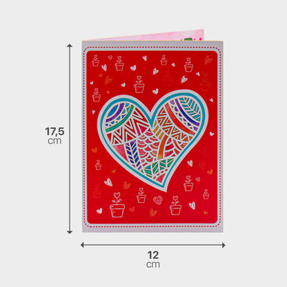 Roter Briefumschlag zur 3D Pop-Up Karte mit Maßangabe, passend zum Herzblumen-Motiv.