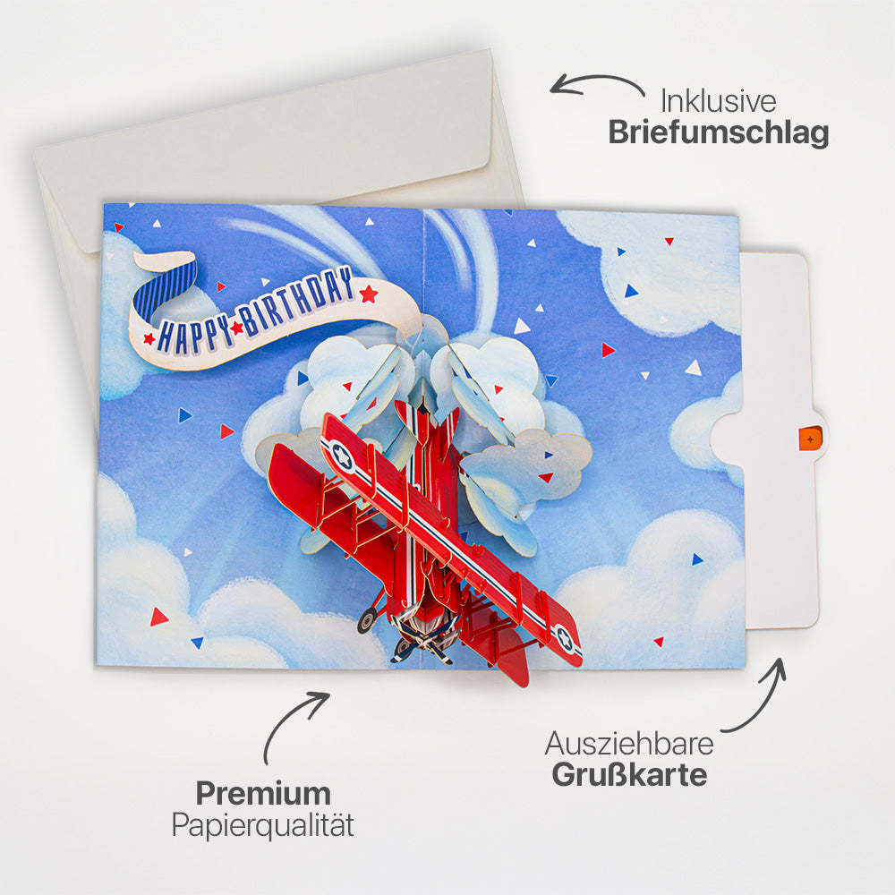 Hochwertiges Highlight-Bild der 3D Pop-Up Karte mit Flugzeug-Motiv, inklusive passendem Briefumschlag, Premium-Papier und ausziehbarem Einlegeblatt.