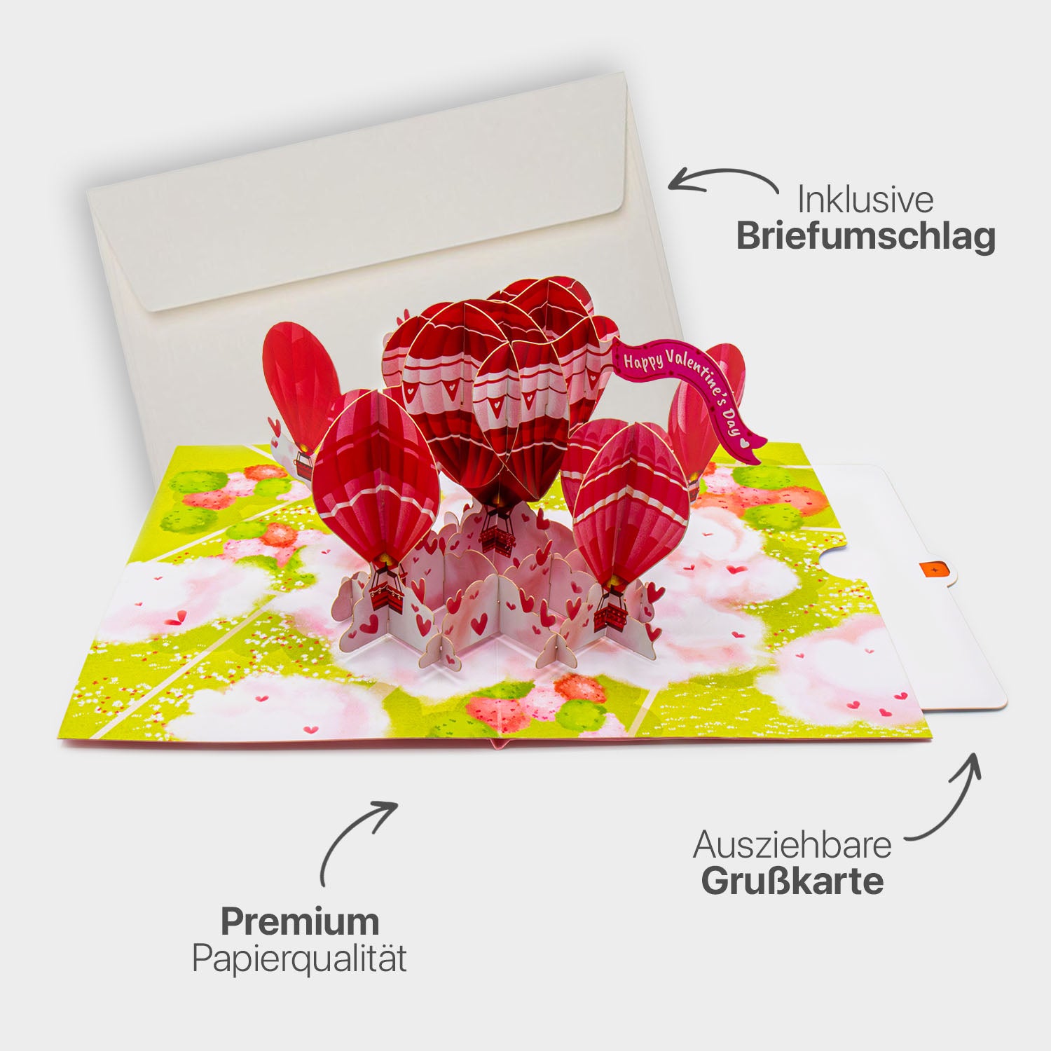 Hochwertiges Highlight-Bild der 3D Pop-Up Karte mit Heißluftballon-Motiv, inklusive passendem Briefumschlag, Premium-Papier und ausziehbarem Einlegeblatt.