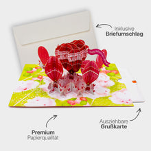 Hochwertiges Highlight-Bild der 3D Pop-Up Karte mit Heißluftballon-Motiv, inklusive passendem Briefumschlag, Premium-Papier und ausziehbarem Einlegeblatt.