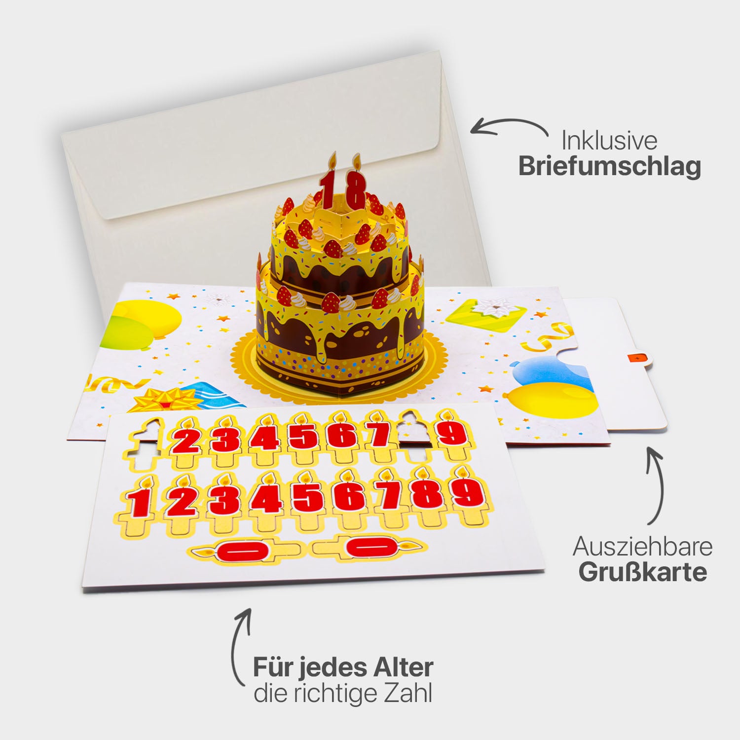 Hochwertiges Highlight-Bild der 3D Pop-Up Geburtstagskarte, inklusive passendem Briefumschlag, Premium-Papier und ausziehbarem Einlegeblatt.