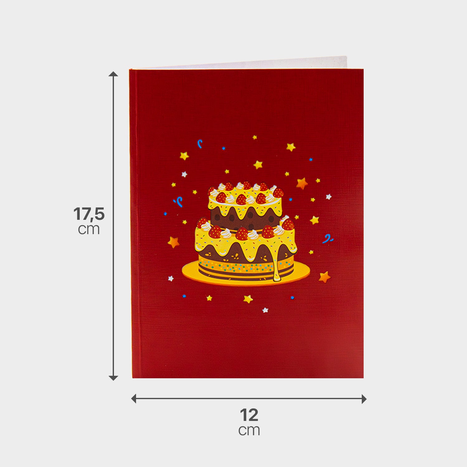 Roter Briefumschlag zur 3D Pop-Up Geburtstagskarte mit Maßangabe, passend zum Torten-Motiv.