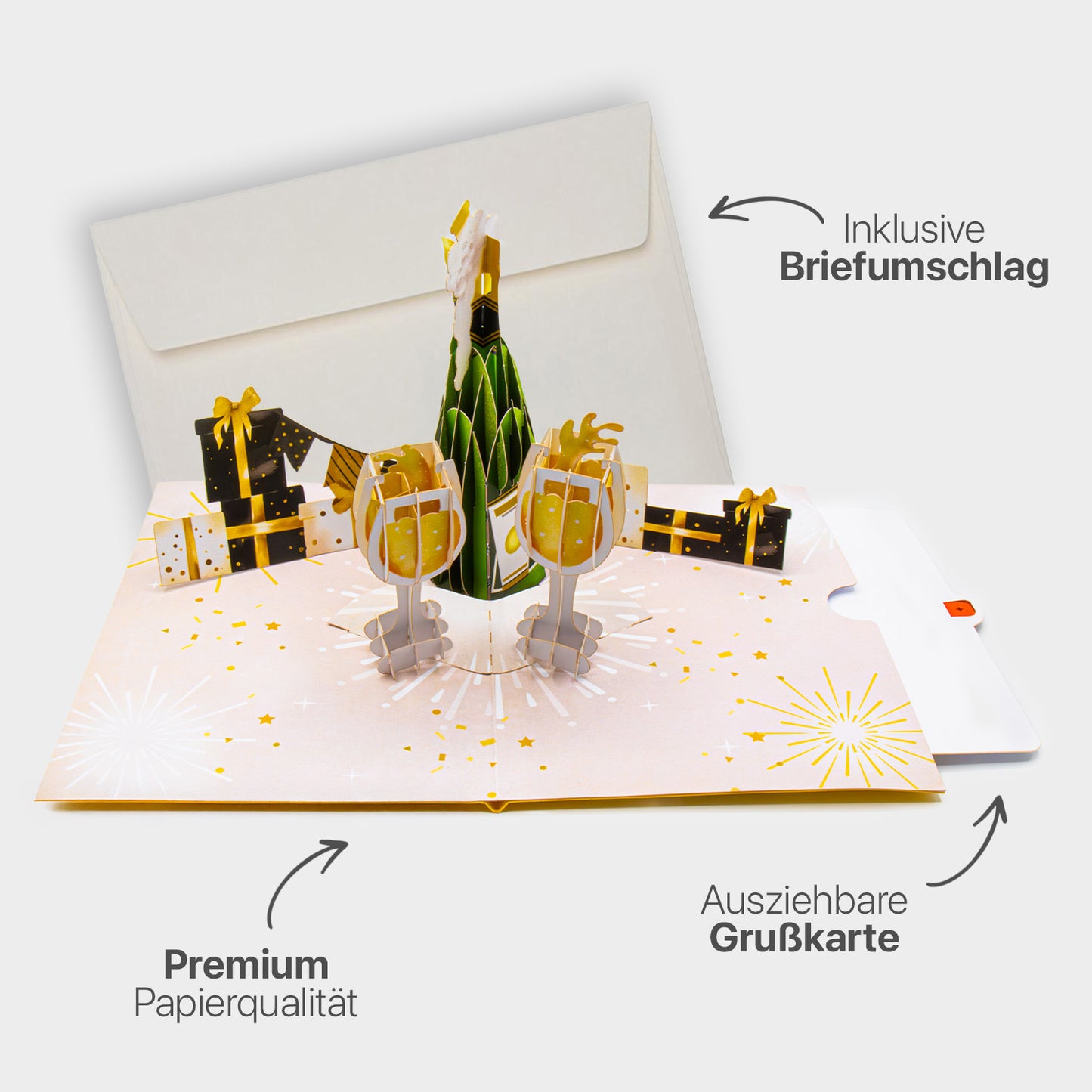 Hochwertiges Highlight-Bild der 3D Pop-Up Karte mit Champagner-Motiv, inklusive passendem Briefumschlag, Premium-Papier und ausziehbarem Einlegeblatt.