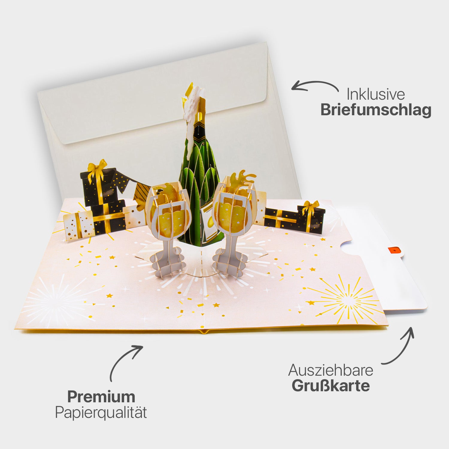 Hochwertiges Highlight-Bild der 3D Pop-Up Karte mit Champagner-Motiv, inklusive passendem Briefumschlag, Premium-Papier und ausziehbarem Einlegeblatt.