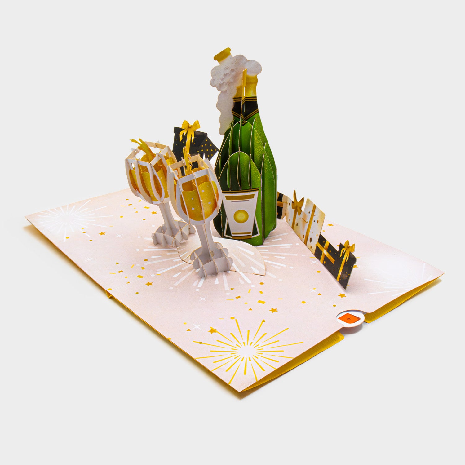 3D Pop-Up Karte mit Champagnerflasche und Gläsern ohne Briefumschlag, liebevoll gestaltet und detailreich verarbeitet.
