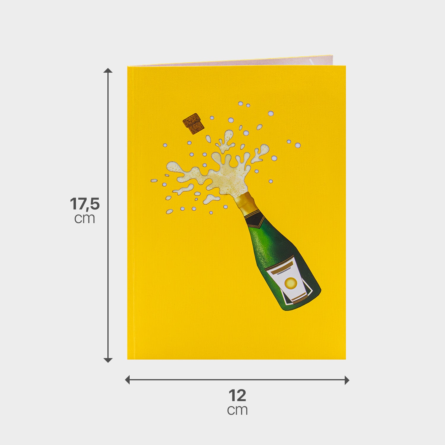 Gelber Briefumschlag zur 3D Pop-Up Karte mit Maßangabe, passend zum Champagner-Motiv.
