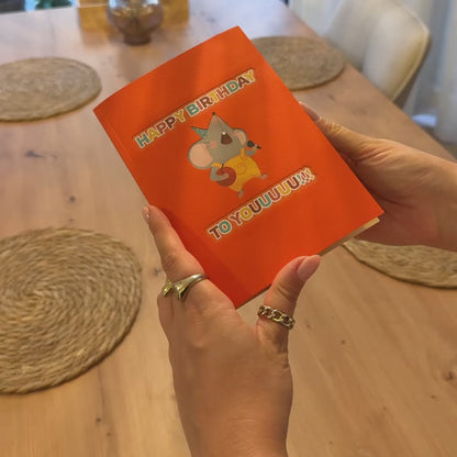 Käsetorte mit Mäusen und Luftballons – Pop-Up Karte